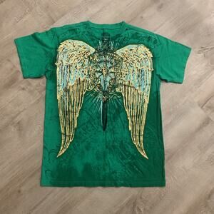 Y2K Green WhiteTag Denim Goth Grunge Wings Sword Tribal MMA T-Shirt Mens Large L